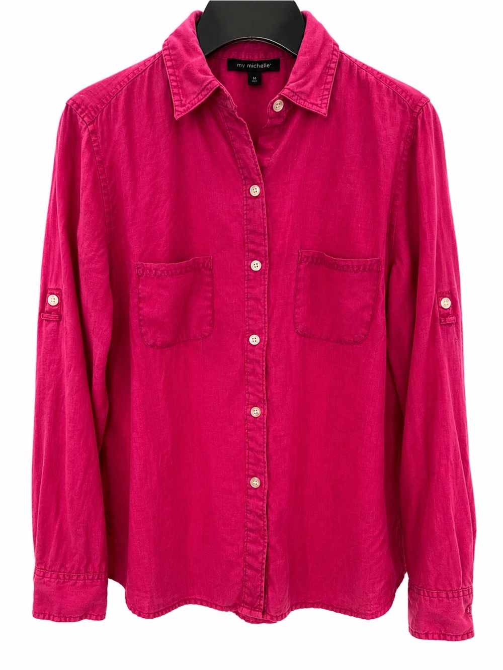 Lord & Taylor Fuchsia Pink Button Front Blouse Size M Coastal Grandma Linen Top